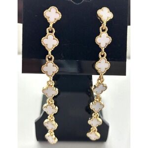 Gold Plated White Enamel Dangle Earrings With Elegant Floral Motif